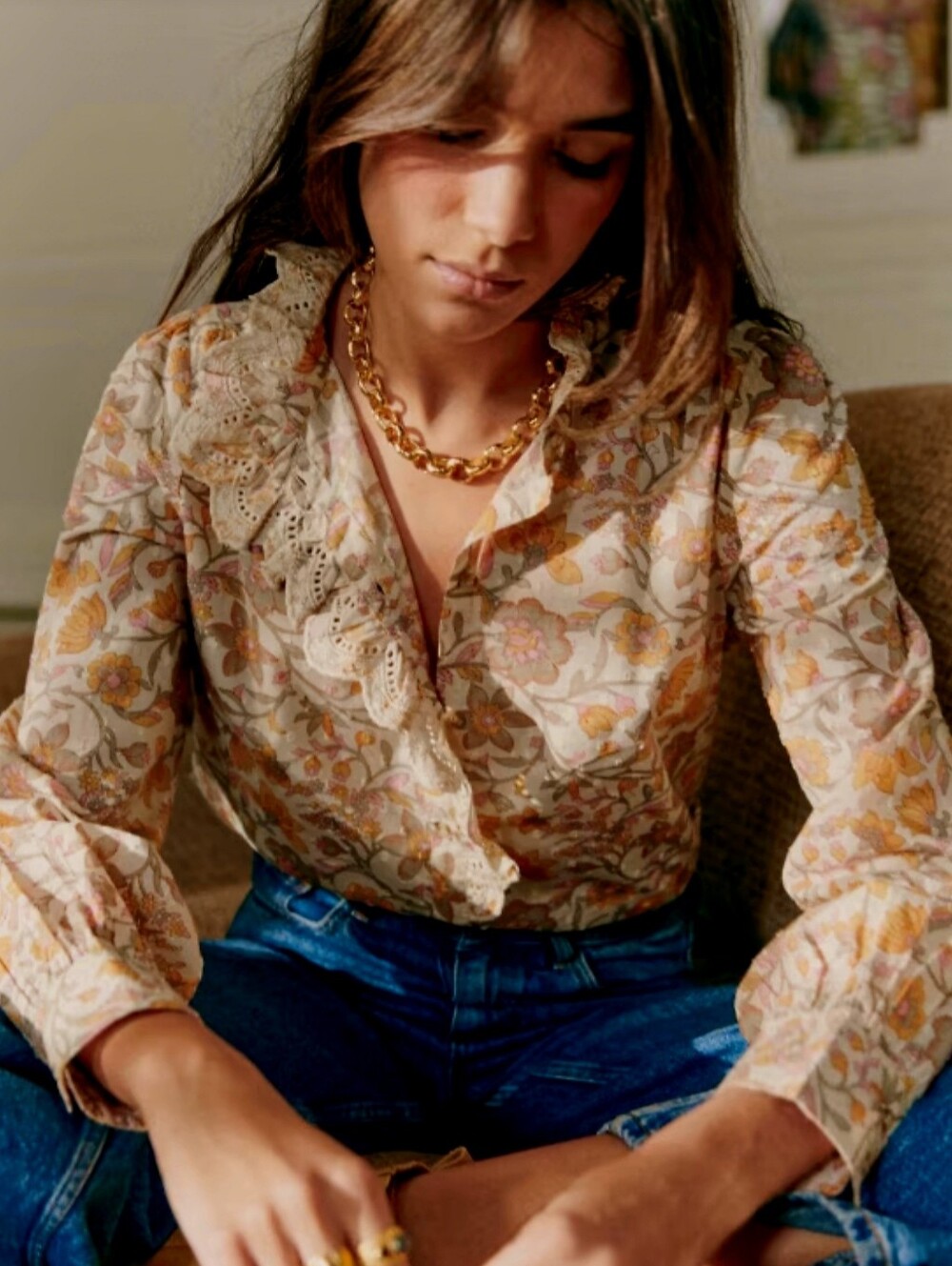 $185 NWT! Sezane Chlo Floral Ivory Pink Yellow Organic Cotton Size 34 US 2 XS S - Picture 3 of 7
